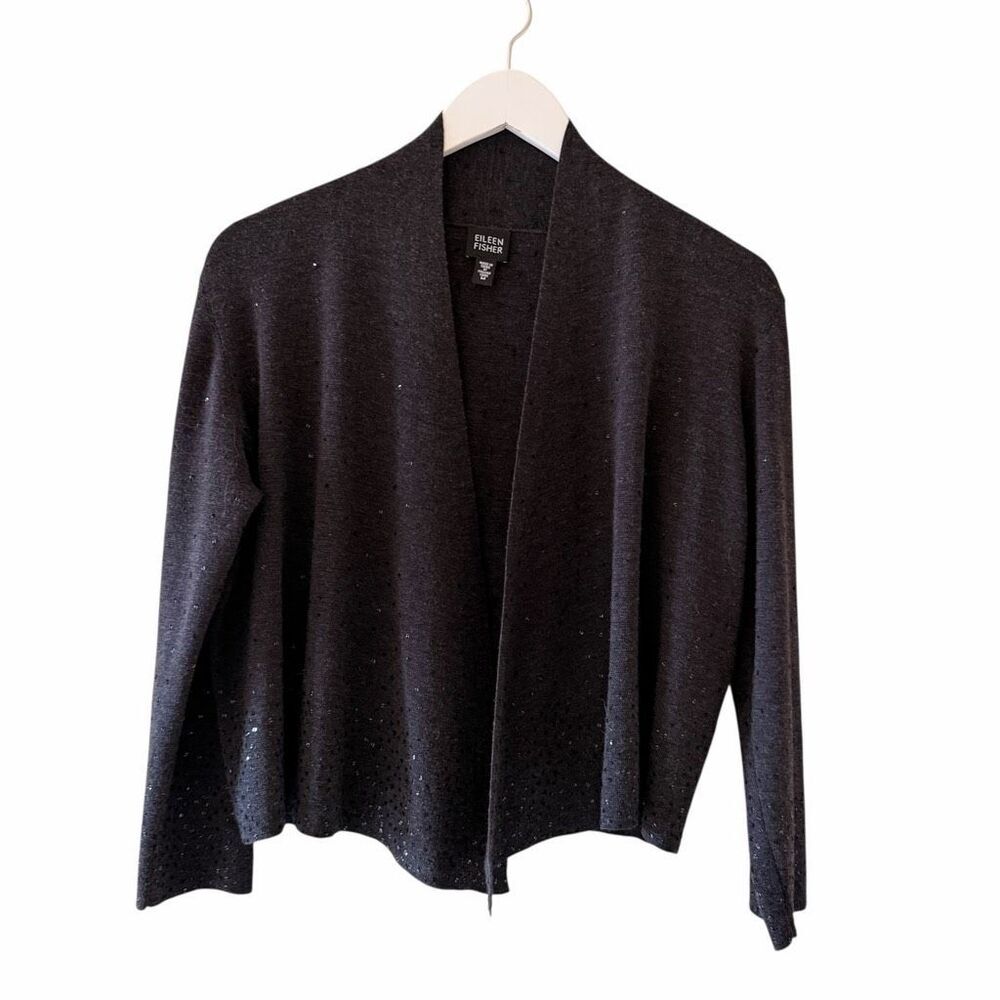 Eileen Fisher Italian Yarn black open-front cardiga sweater SZ M #2556